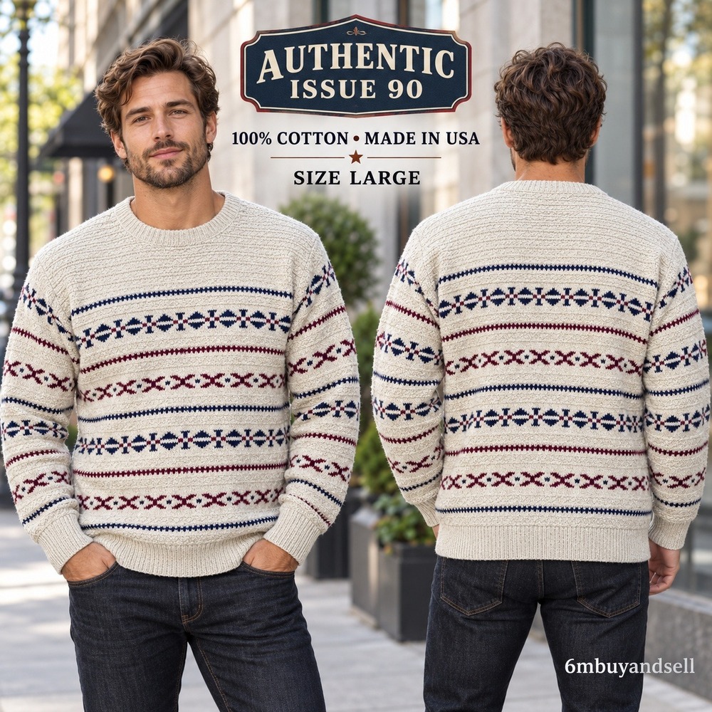Authentic Issue 90 Mens Large Cotton Fair Isle Knit Sweater Cream Navy Burgundy